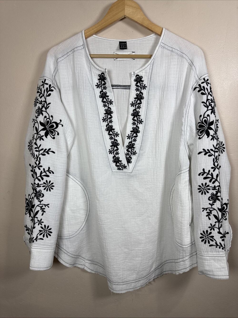 Womens Embroidered Tunic Slub Knit 100% Cotton Floral Boho M Fringe Pockets